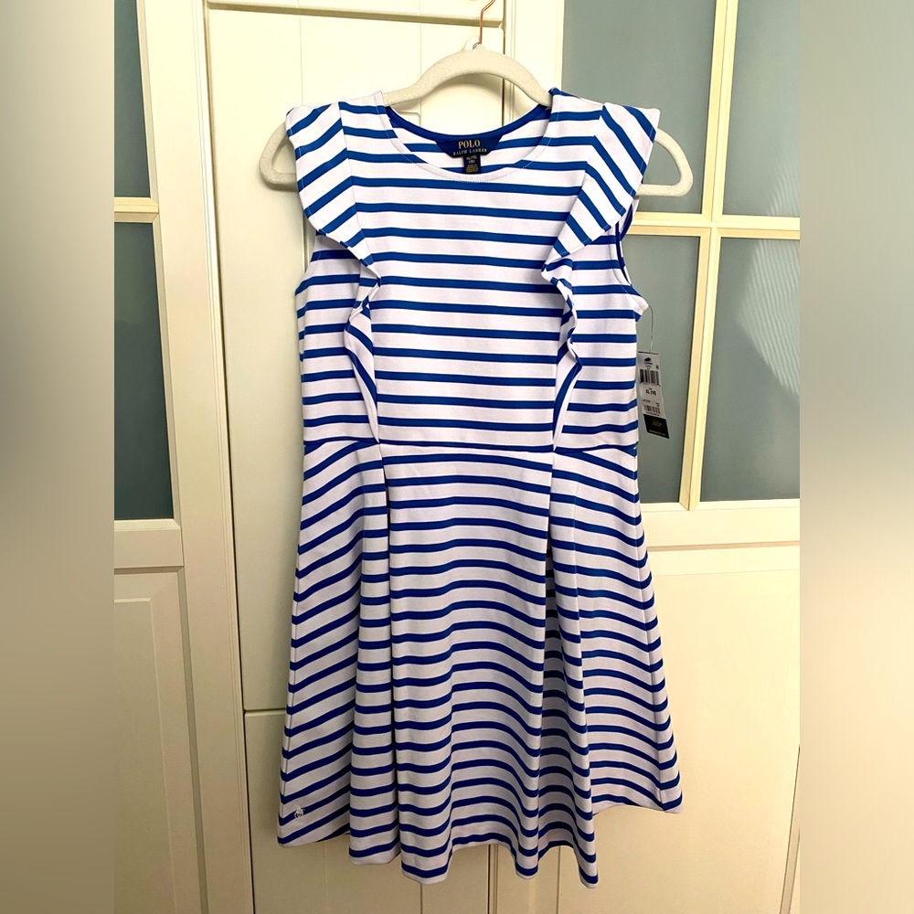 NWT POLO RALPH LAUREN Sz16/XL Navy/White Ruffle sleeve Dress